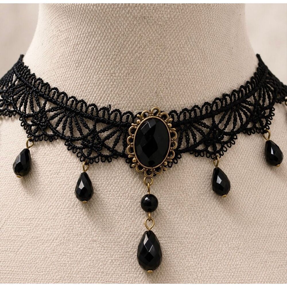Black Lace Beaded Choker Necklace Victorian Lace Drop Detail